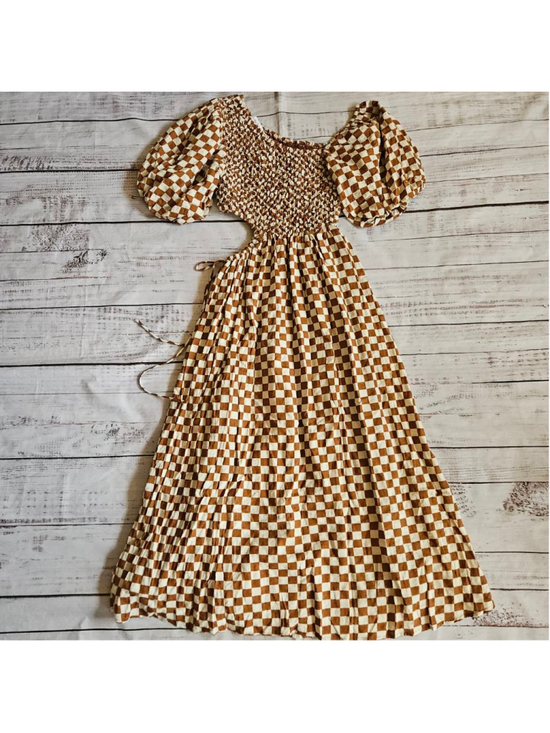 Sofie the label Dresses & Skirts - Sofie The Label Brown Cream Checkered Crunchy Cut Out Midi Dress Womens Small